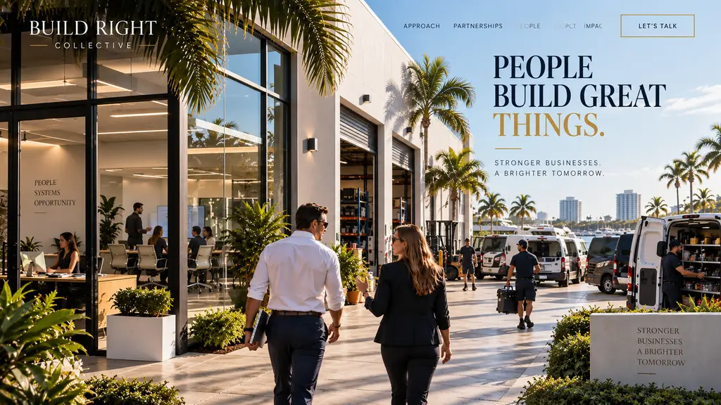 Business operators walking through a waterfront service center and marina